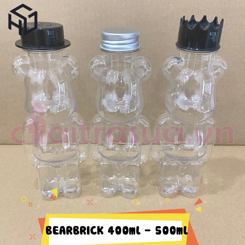 Chai trà sữa hình Gấu Bearbrick hottrend size 250 400, 500ml và đủ phụ kiện nón len, dây đeo hàng sẵn TPHCM - BR500