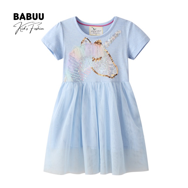 Đầm bé gái, đầm ren bé gái Babuu Fashion tay ngắn họa tiết unicorn màu xanh dương chất liệu cotton cao cấp BC04