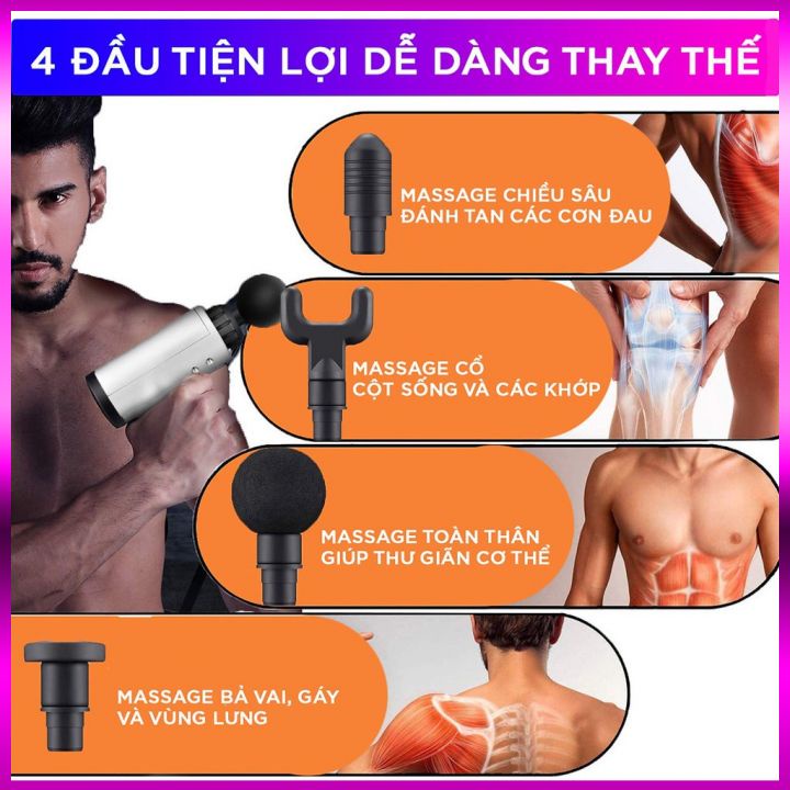 Máy massage cầm tay cổ vai gáy chân cao cấp 4 đầu 6 chế độ, Máy đấm bóp rung mát xa giúp giãn cơ, đỡ mỏi toàn thân