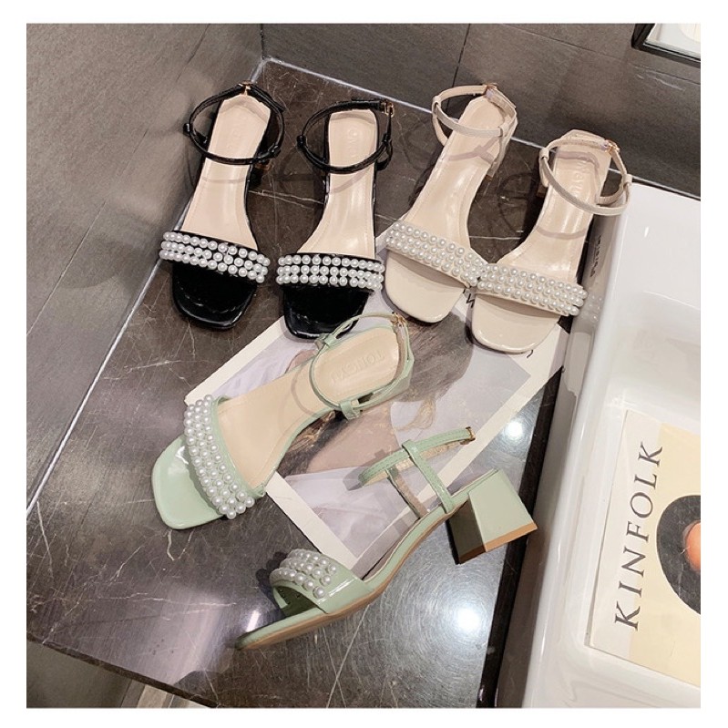 Sandal gót vuông ulzzang đính ngọc cao 5cm