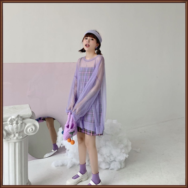 Đầm Hai Dây Màu Tím Kẻ Sọc Caro + Áo Sơ Mi Lưới Chống Nắng Thời Trang Dành Cho Nữ