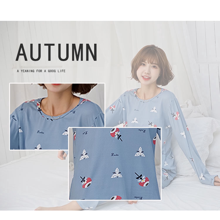xiaohan korea spring autumn loose female nightwear round neck long sleeve sleepwear set cute cartoon print women Large size baju tidur | BigBuy360 - bigbuy360.vn