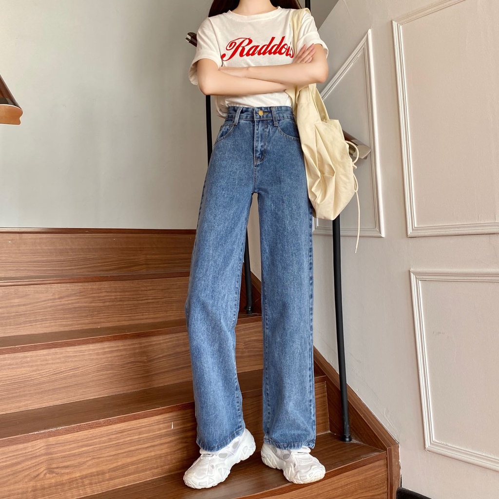 Quần jean ống rộng lưng cao phong cách xuân thu trẻ trung cho nữ
