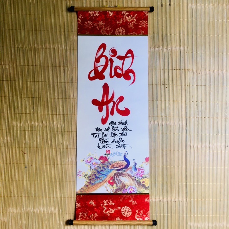 Tranh thư pháp chữ Bình An bồi gấm sang trọng