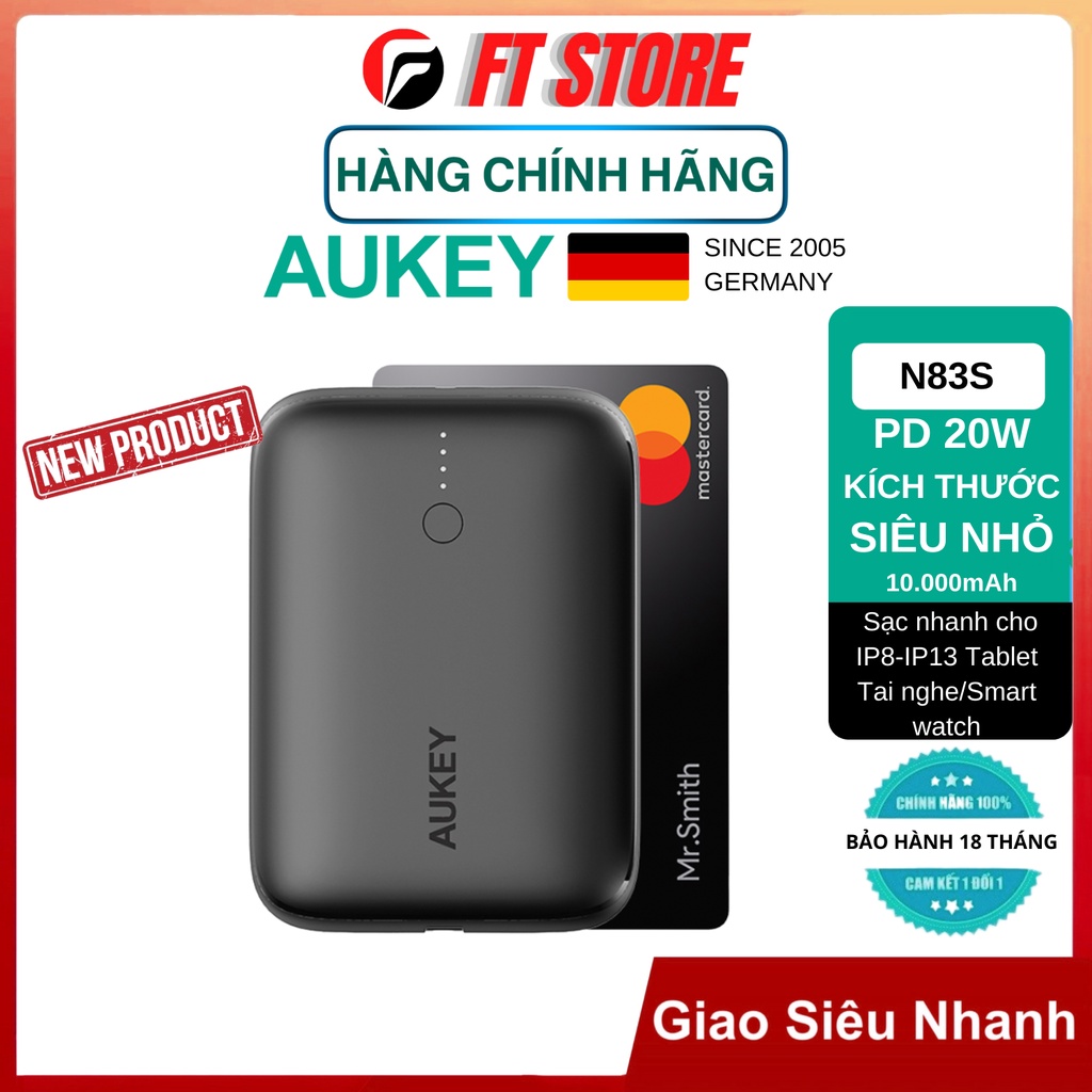 Pin Sạc Dự Phòng AUKEY Basix Mini PB-N83S 10.000mAh Sạc Nhanh PD 20W/QC3.0 nhỏ gọn