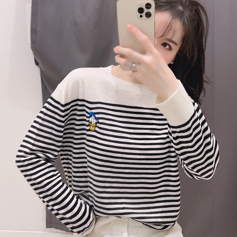 Áo sweater ZHELIHANGFEI dệt kim dáng rộng họa tiết kẻ sọc phong cách retro thời trang trẻ trung