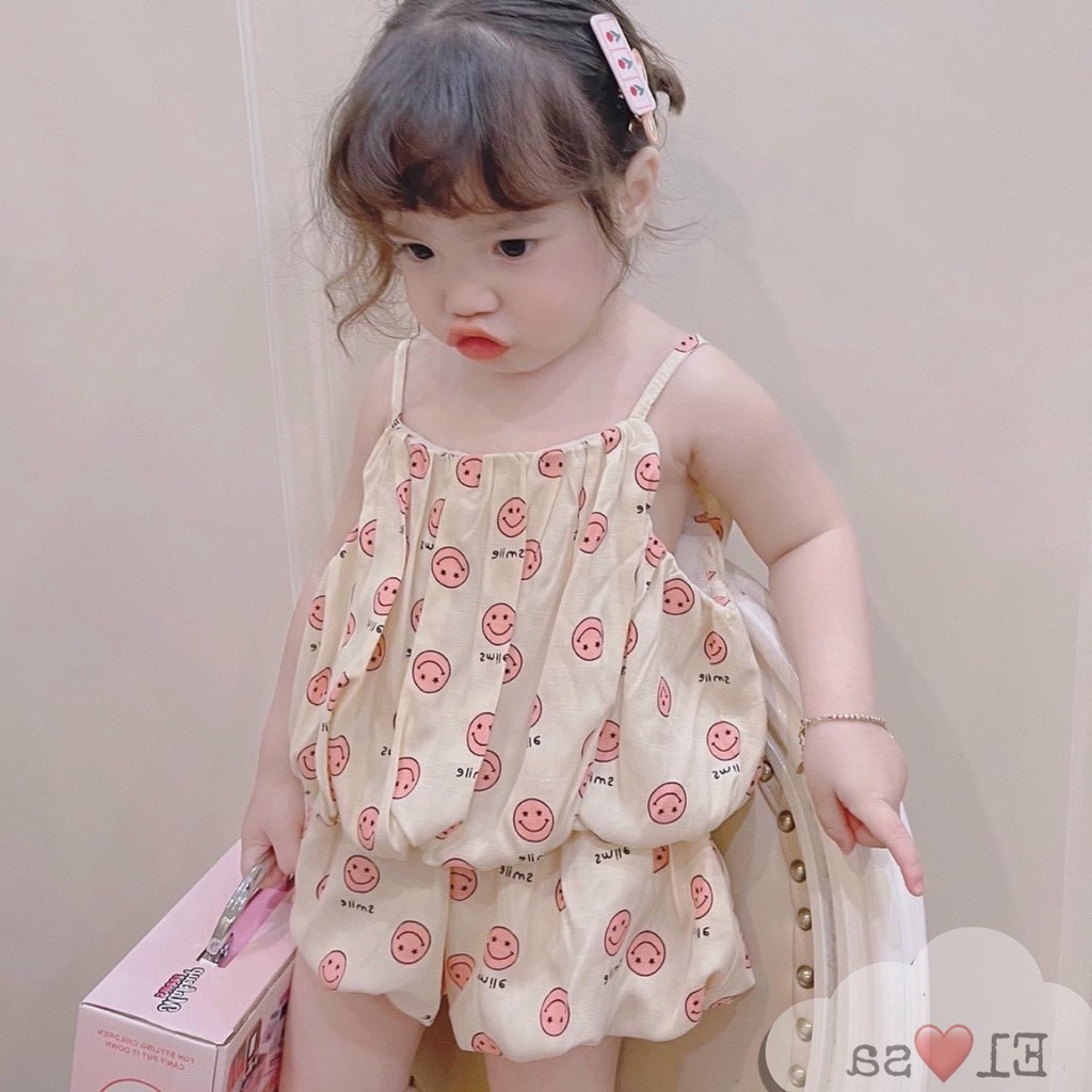 Bộ 2 dây mặt cười dáng bí ngô vải đũi 2 lớp siêu xinh cho bé gái 8-18kg (có video)