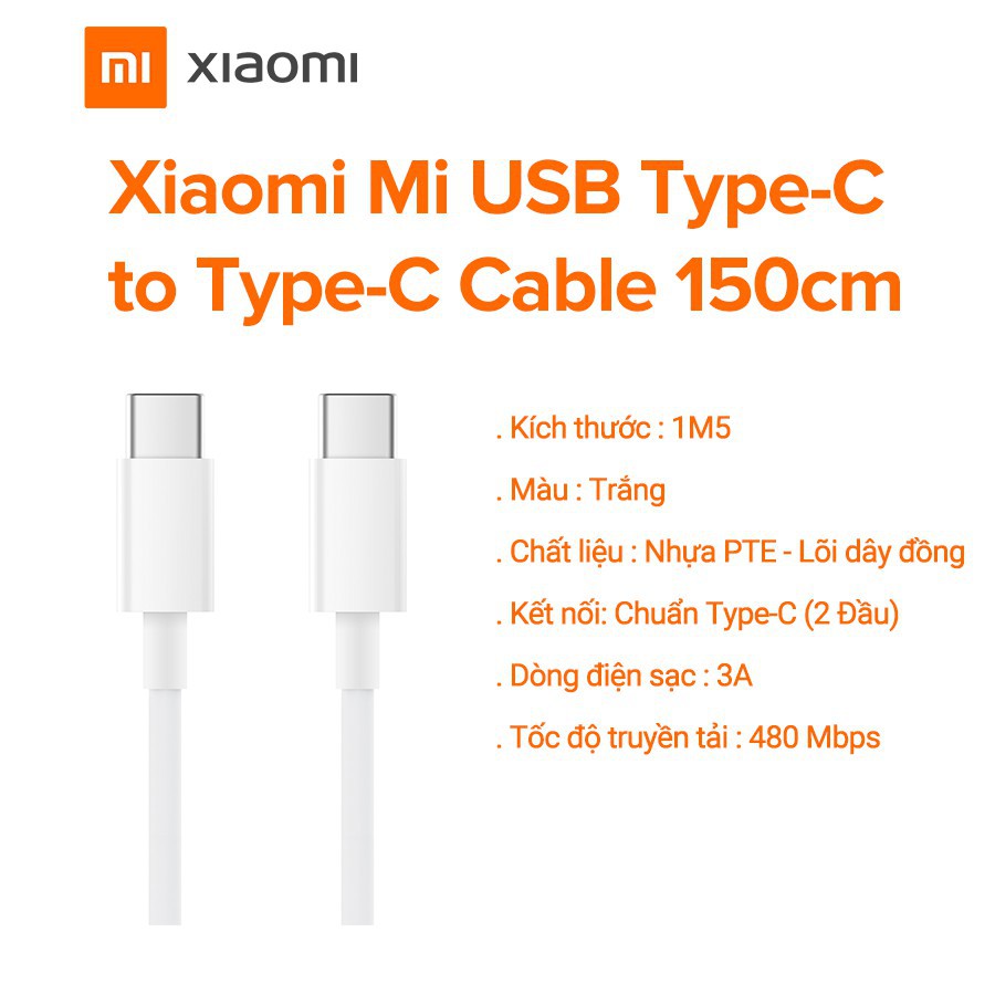 [Dây cáp sạc] Xiaomi Mi USB Type-C to Type-C Cable 150cm (Trắng)- Hàng chính hãng- BH 6 tháng