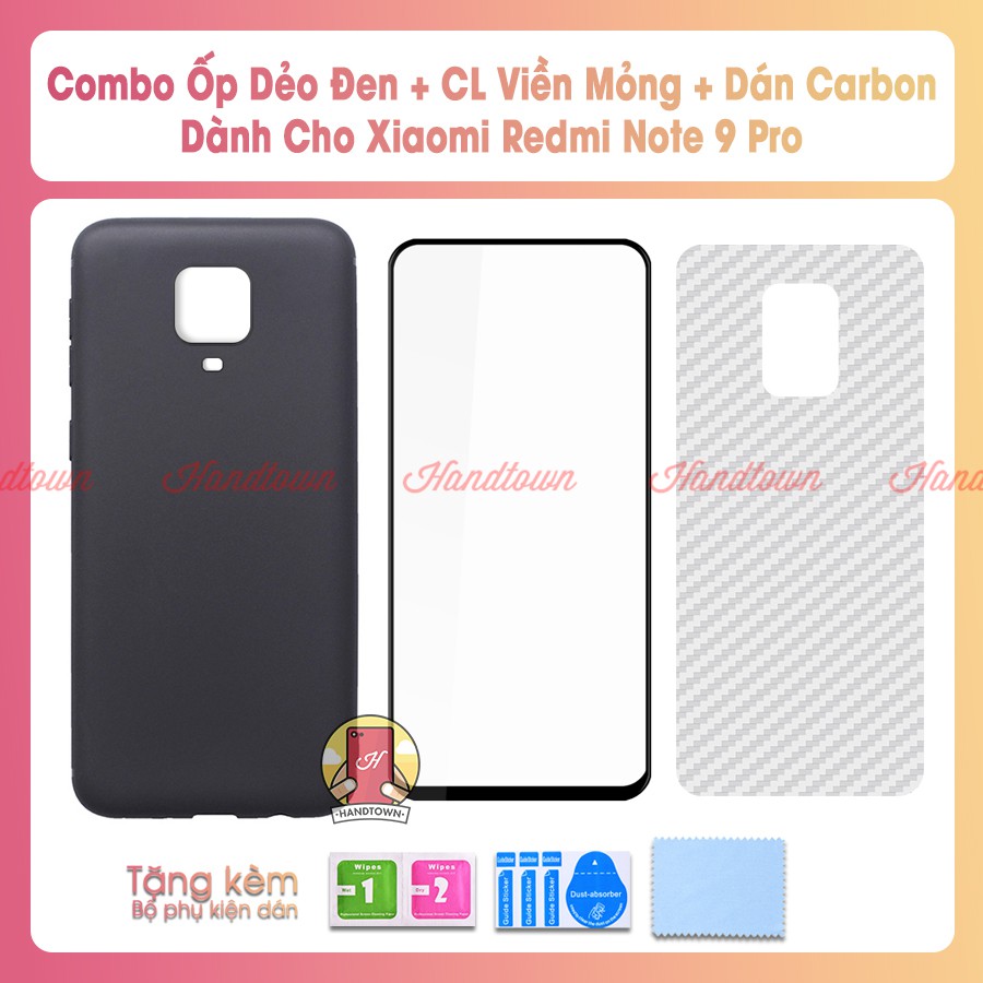 Combo Ốp Dẻo Đen, Cường Lực Viền Mỏng, Dán Cacbon Dành Cho Xiaomi Redmi Note 9 Pro