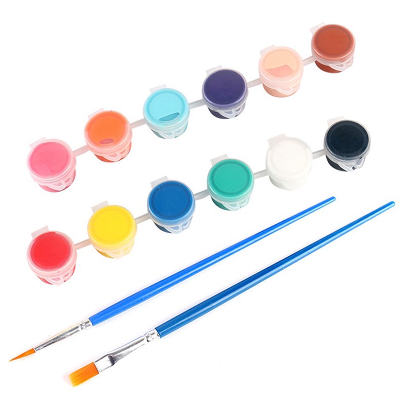 Bộ 12 Màu Vẽ Acrylic 3ml Kèm 2 Cọ Vẽ - Màu Acrylic Mini Vẽ Áo, Tô Tượng, Vẽ 3D, Giày, Thủy Tinh, Gỗ