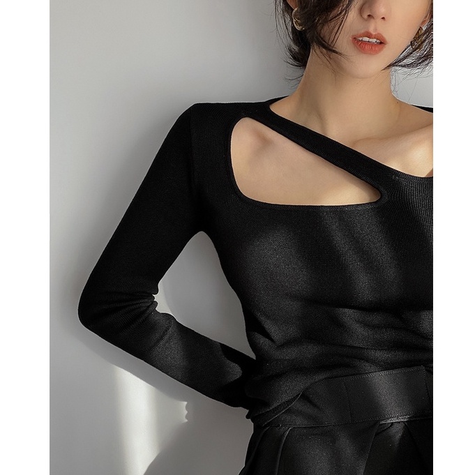 QADCOL Áo sweater Dệt Kim Tay Dài Cổ Vuông Đục Lỗ Kiểu Pháp Dễ Thương Cho Nữ