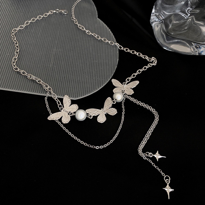 Dây Chuyền Tua Rua Hình Bướm Đính Ngọc Trai Phong Cách Thời Trang Âu Mỹ