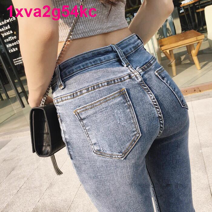 The new big yards pure color nine points jeans Chic18 spring and summer elastic thin leg pants ins pencil of femaleLadi