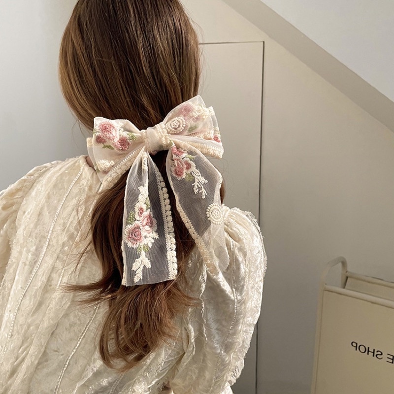 Kẹp tóc nơ thêu hoa tiểu thư ngọt ngào nữ tính cho nữ kẹp tóc nơ sau đầu xinh xắn dễ thương phong cách Hàn Quốc
