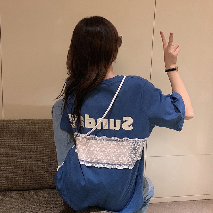 SUXI Áo Thun Tay Ngắn Phối Ren Hoa Thiết Kế Dáng Rộng Thoải Mái