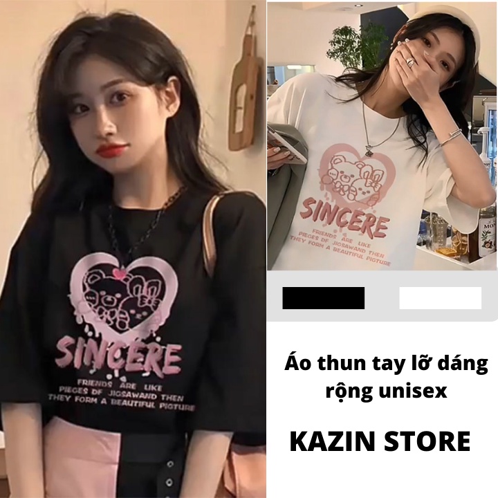 Áo thun tay lỡ Kazin dáng rộng unisex, áo phông nam nữ form rộng đen trắng Kazin Store - AT23