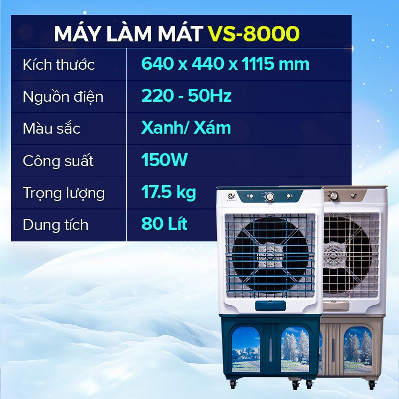 Quạt hơi nước VIET STAR VS-8000-Ngắt Nước Tự Động- Công suất 150W -80L -Làm lạnh 4 chiều-Tặng 2 đá khô-bảo hành 12 tháng