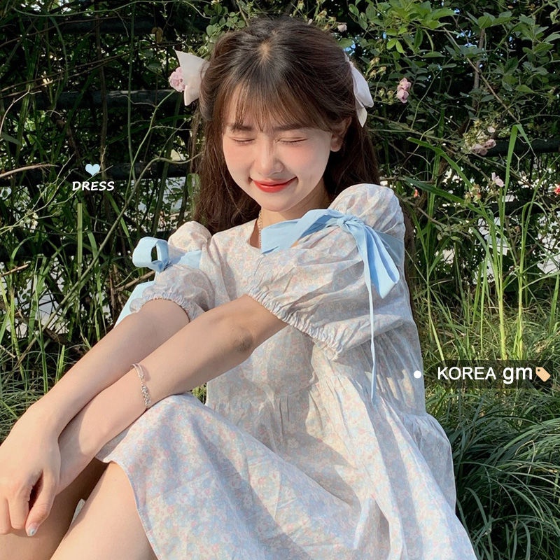 Đầm Tay Ngắn Cổ Chữ V Họa Tiết Hoa Nhỏ Thiết Kế Đơn Giản Hợp Thời Trang