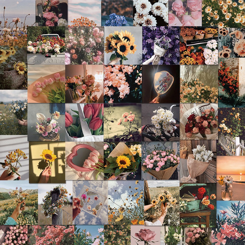 Set 52 Miếng Dán Trang Trí Sổ Tay Họa Tiết Hoa Xinh Xắn Chống Thấm Nước diy