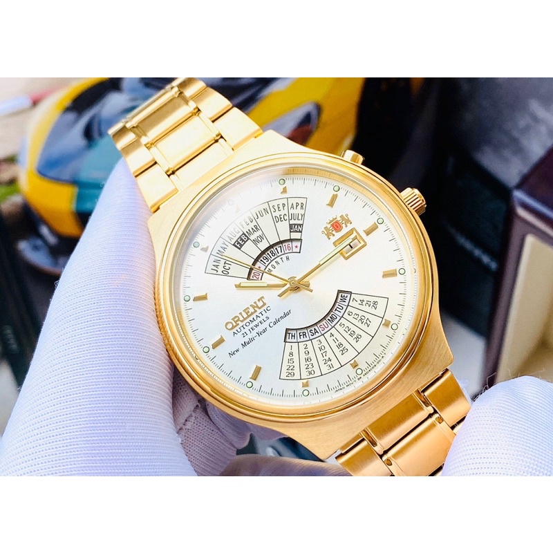 Đồng hồ nam dây thép lịch vạn niên Orient FEU00008CW Gold
