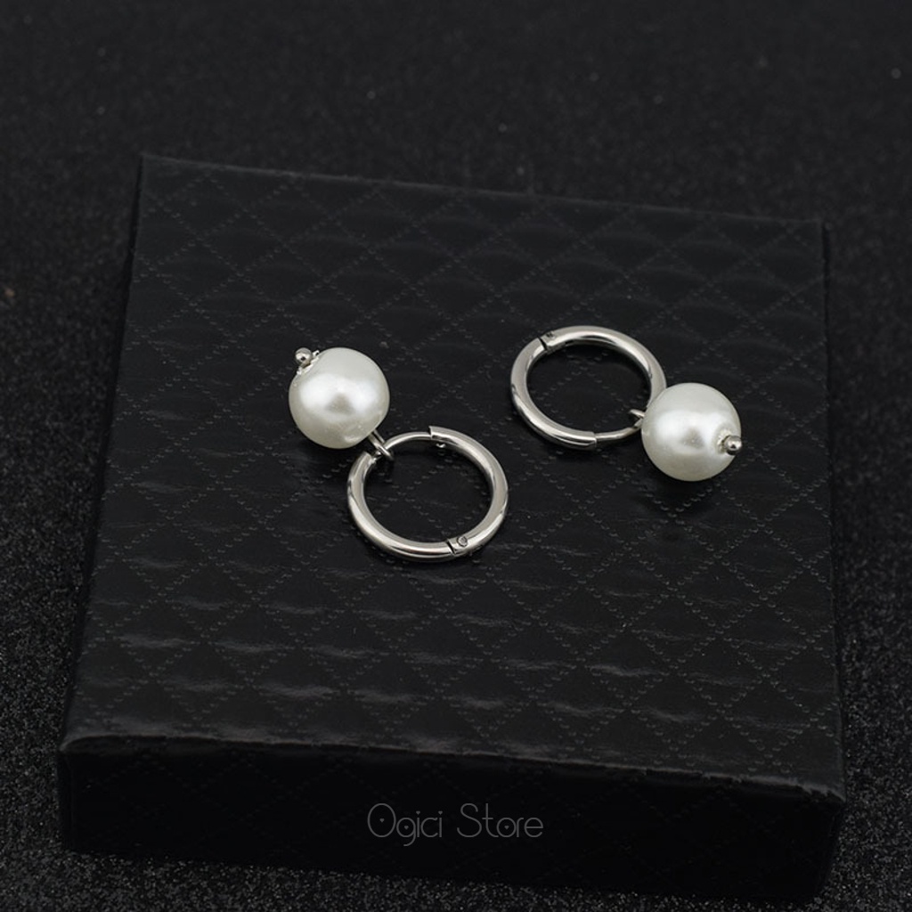 Bông tai, Khuyên tai nam nữ thép không gỉ dáng tròn thả ngọc trai sành điệu phong cách âu mỹ cá tính, Unisex, 1 chiếc