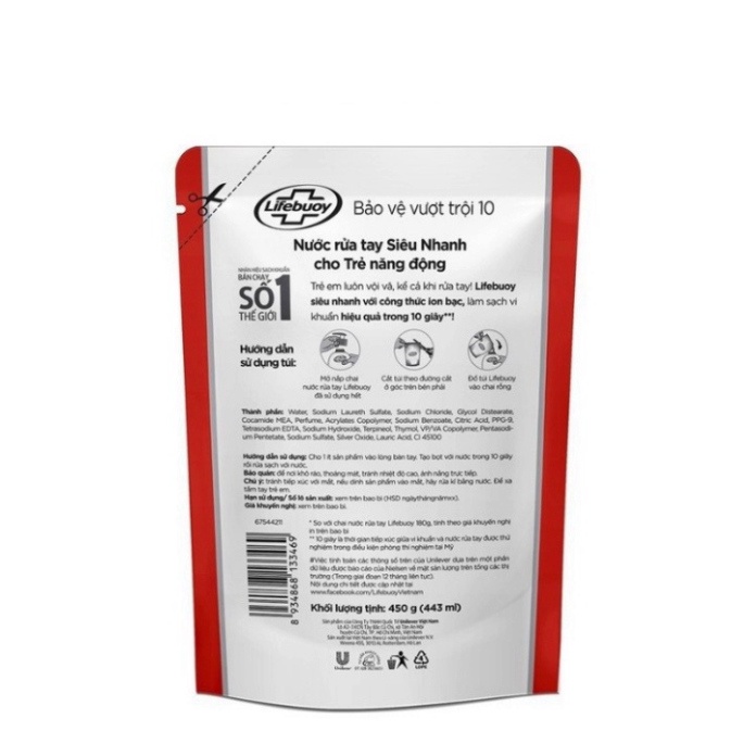 Nước Rửa Tay Lifebuoy Bảo Vệ Khỏi Vi Khuẩn Vượt Trội Túi 450gr