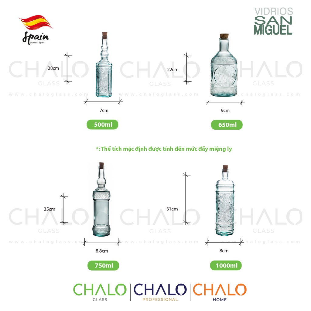 Chai thuỷ tinh tái chế nắp gỗ VSM Bottela  500~1000ml – V5032 - V5041 - V5049 - V5924 [Made in Spain]
