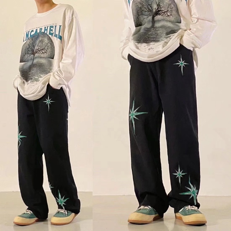 Quần Ống Đứng Thêu Hình Ngôi Sao Phong Cách Hip Hop Mỹ Size M-2XL Cho Nam