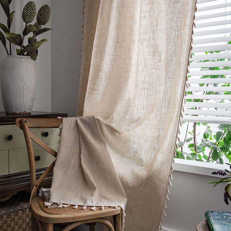 Rèm Cửa Sổ Vải Lanh Polyester Họa Tiết Tre Phối Tua Rua Trang Trí Phòng Khách / Phòng Ngủ