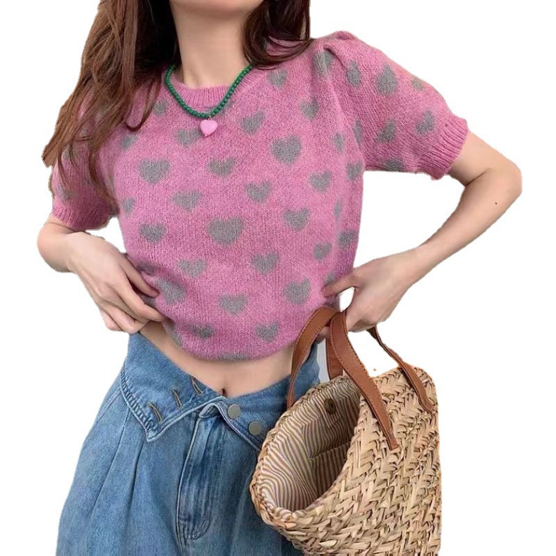 Áo Thun Dệt Kim Tay Ngắn In Hình Trái Tim Dễ Thương Thời Trang Cho Nữ