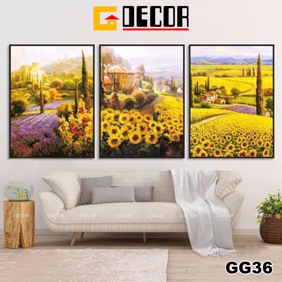 Tranh treo tường canvas 3 bức phong cách hiện đại Bắc Âu 36, tranh hoa hướng dương trang trí phòng khách, phòng ngủ, spa