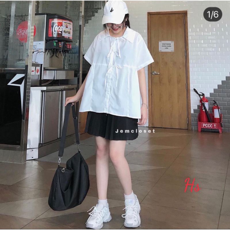 Áo Babydoll Nữ Cổ Bẻ Buộc Dây Áo Sơ mi Nữ Dáng Rộng 2 Màu