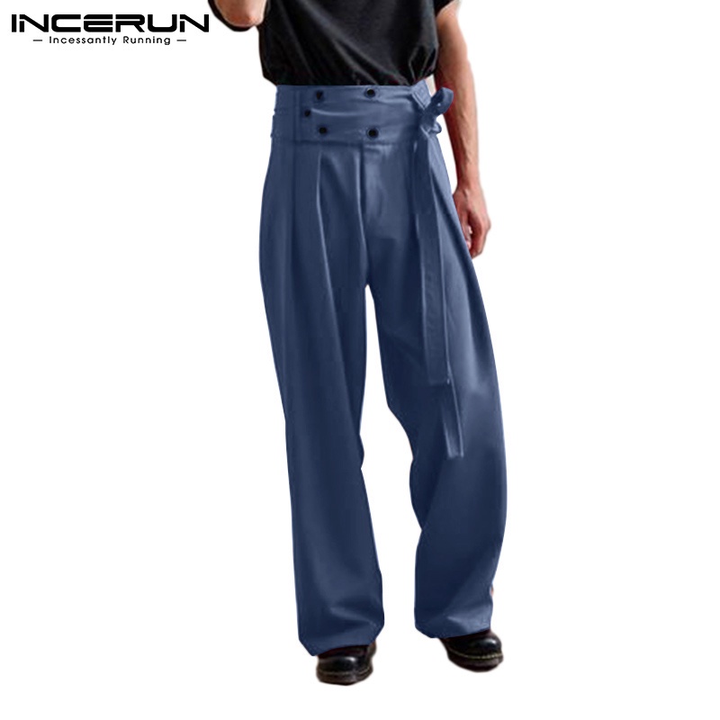 Quần dài INCERUN màu trơn lưng cao phối nút có thắt lưng dành cho nam