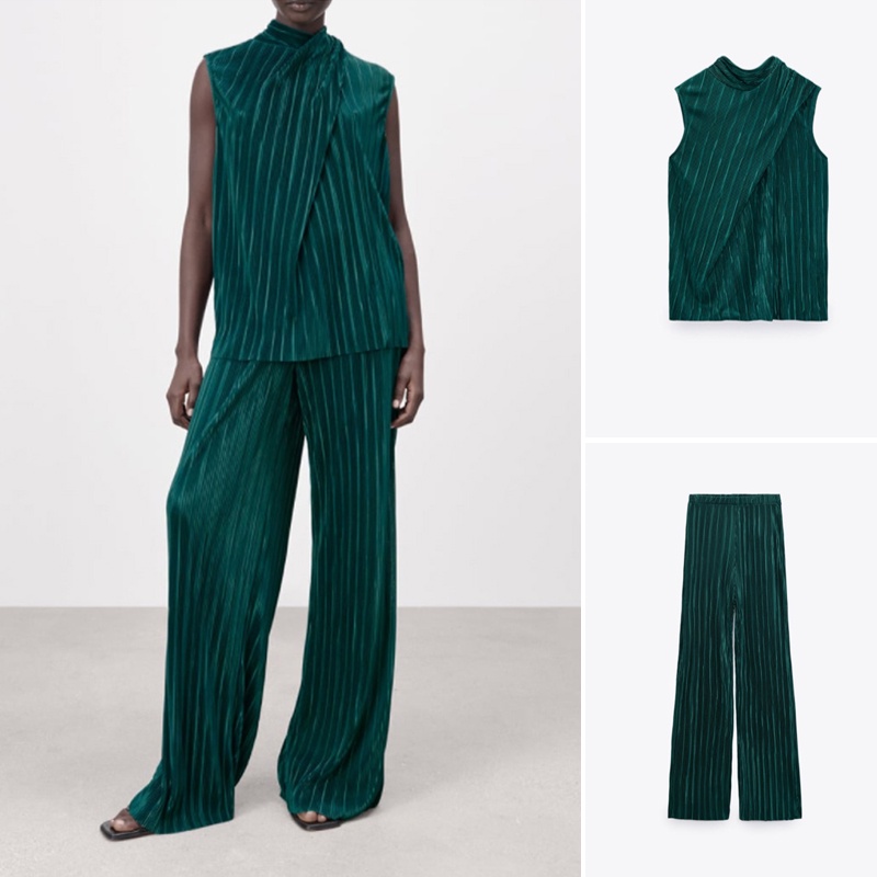 Zara Set Áo Kiểu Không Tay Cổ Đứng Xếp Ly Phối Quần Dài Ống Rộng Thời Trang Hè Cá Tính Cho Nữ1165006 1165008
