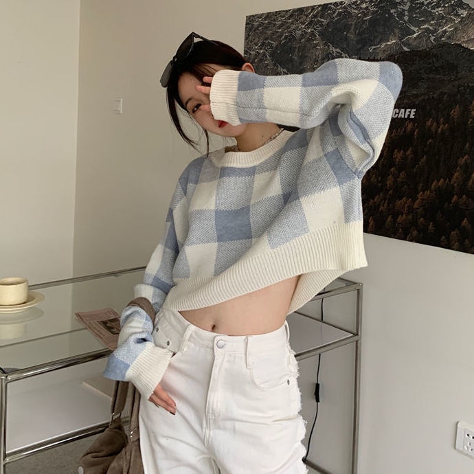 COZOK Áo Sweater Tay Dài Dáng Rộng Sọc Ca Rô Phối Màu Tương Phản Cá Tính Thời