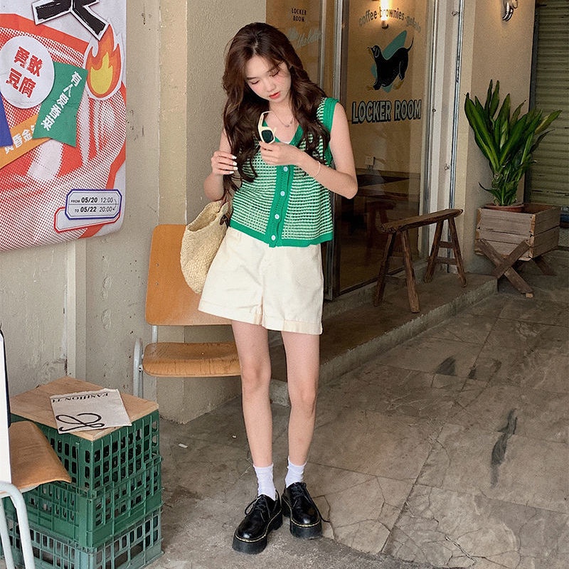 Áo Khoác Cardigan Không Tay Cắt Xẻ Bằng Lụa Băng Kẻ Sọc Thời Trang Mùa Hè Mới Ngọt Ngào Cho Nữ Ins Spicy Pure Desire