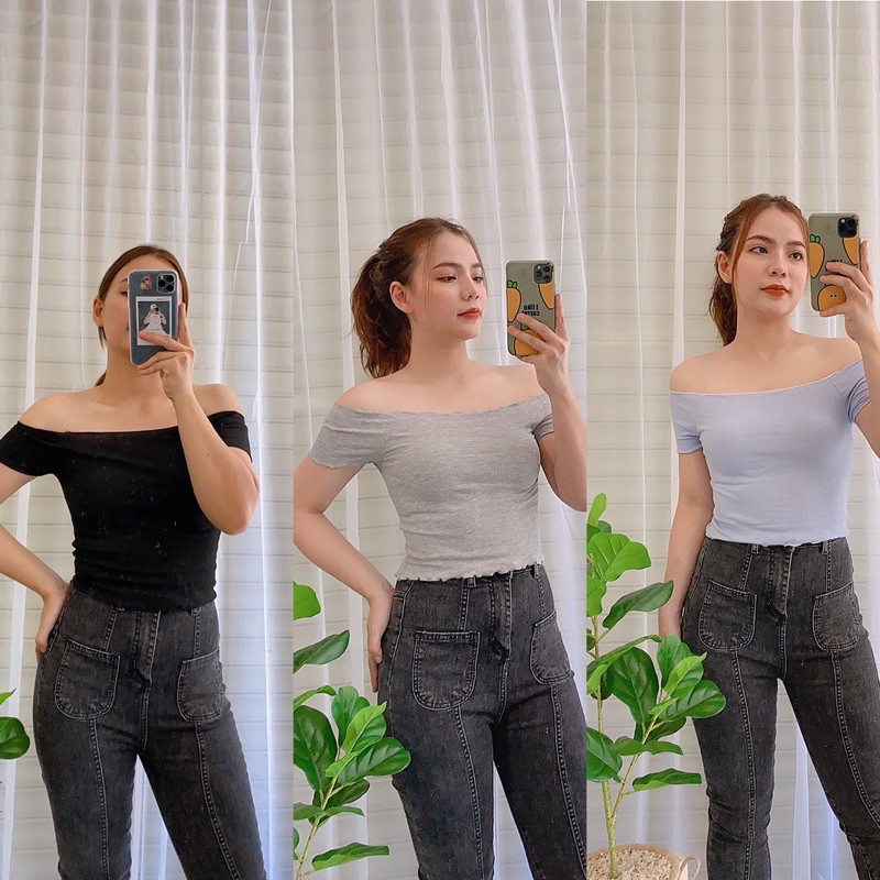 Áo Croptop Dệt Kim Tay Ngắn Thiết Kế Trễ Vai Nữ Tính