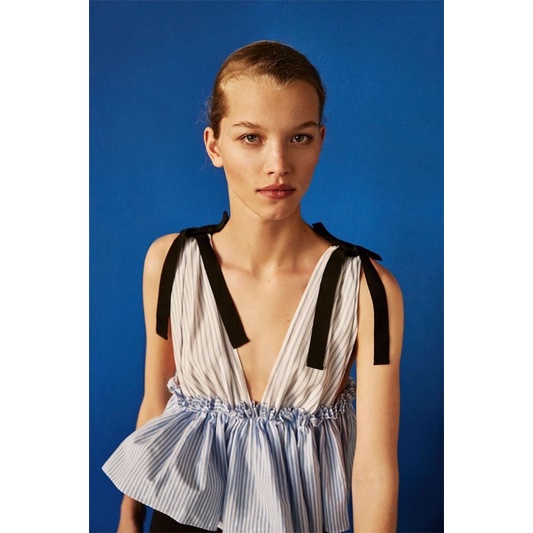 Áo Sọc Peplum Nơ Vai Nhún Eo FOREVER 21 Cổ V Hàng Xuất Dư Xịn Cao Cấp Full Tag Ver03