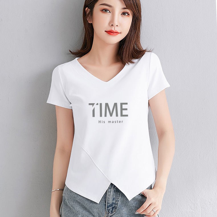 ❅◎95% cotton tim V Cổ áo Mùa hè năm 2021 phong cách mới viền ngược hình chữ tính khí phương tây thời trang thun