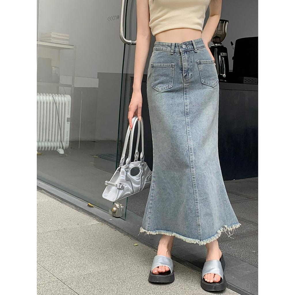 Lalisas Chân váy jean Đuôi Cá Dài Lưng Cao Phối Túi Phong Cách retro Cho Nữ