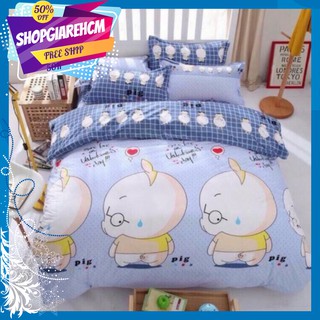 Thanh lý Bộ 1 Ga và 2 Vỏ Gối Nằm Poly ba con heo xanh HCM