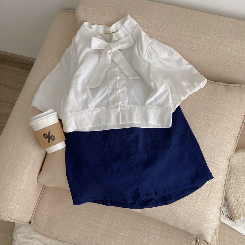 [ Có sẵn ] Set sơ mi đũi crotop cổ nơ + chân váy umi cực đẹp