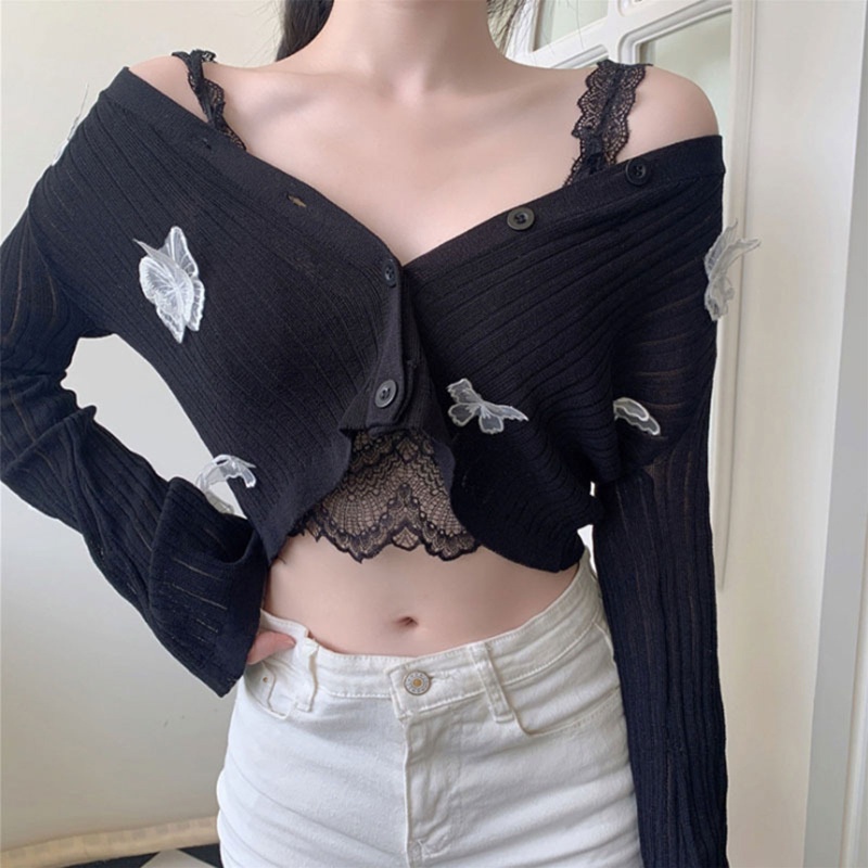 Áo Khoác Cardigan Tay Dài Phối Lưới Hoạ Tiết Bướm 3D Cho Phái Nữ