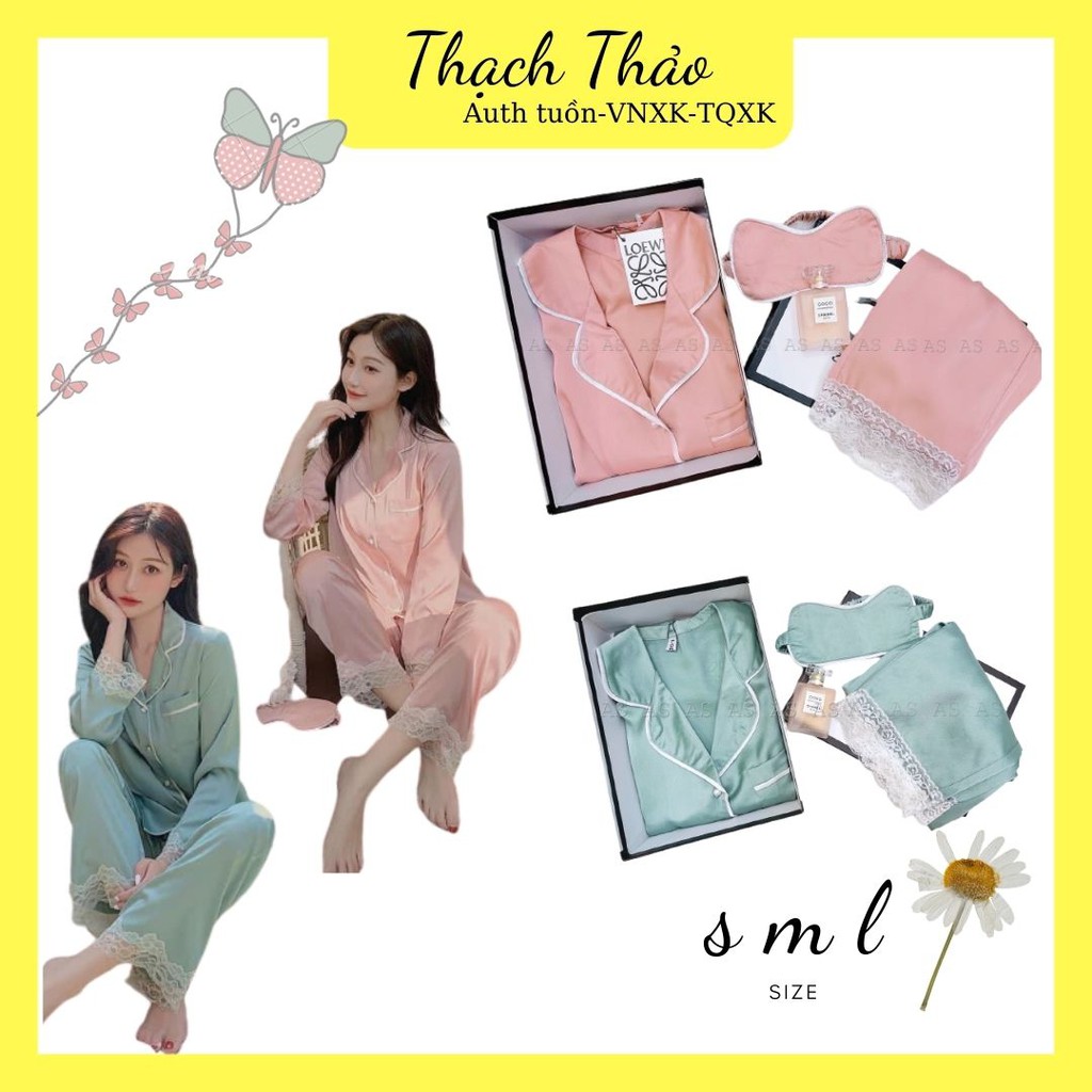 set bộ lụa pha ren gấu áo dài tay quần dài kèm bịt mắt 2 màu hồng xanh | BigBuy360 - bigbuy360.vn