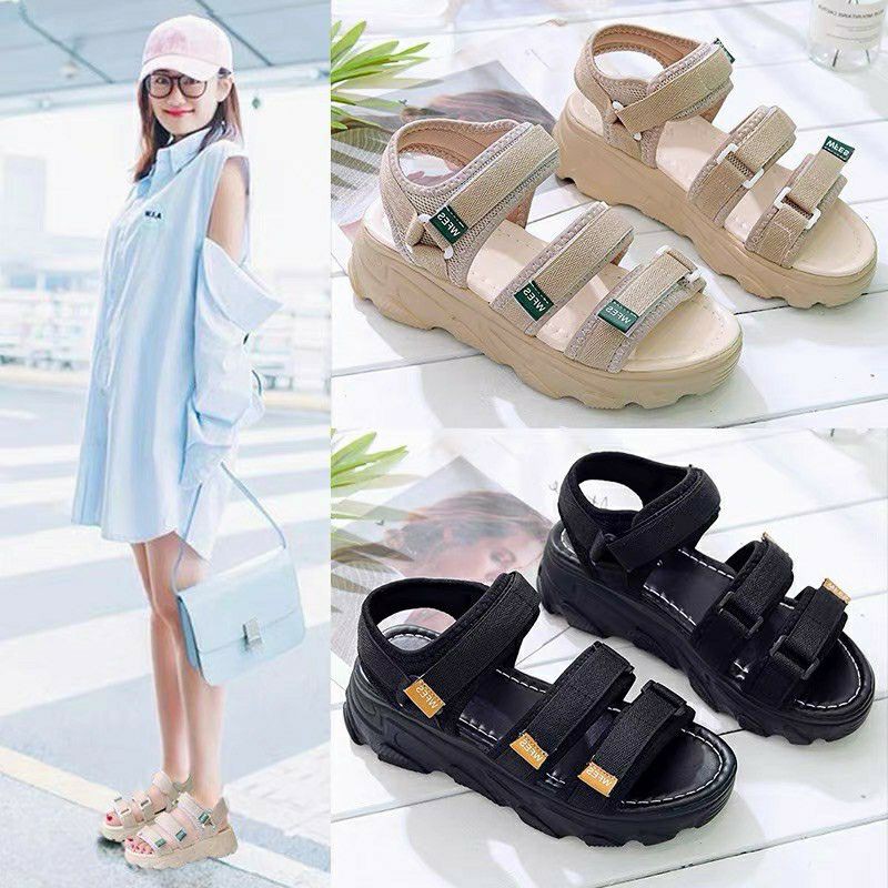 Sandal Nữ Quai Dán Có Chữ Viền Xanh, Vàng 2 Màu