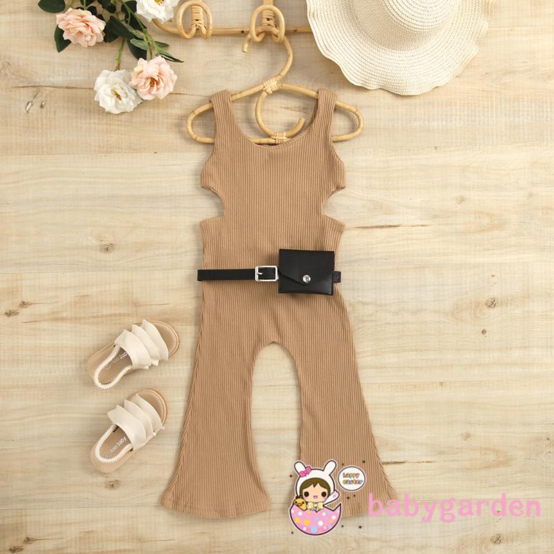 BABYGARDEN-1-6years Baby Girls Summer Sleeveless Ribbed Rompers Solid Color Knitted Ribbed Waist Cutout Jumpsuits with Waist Bag