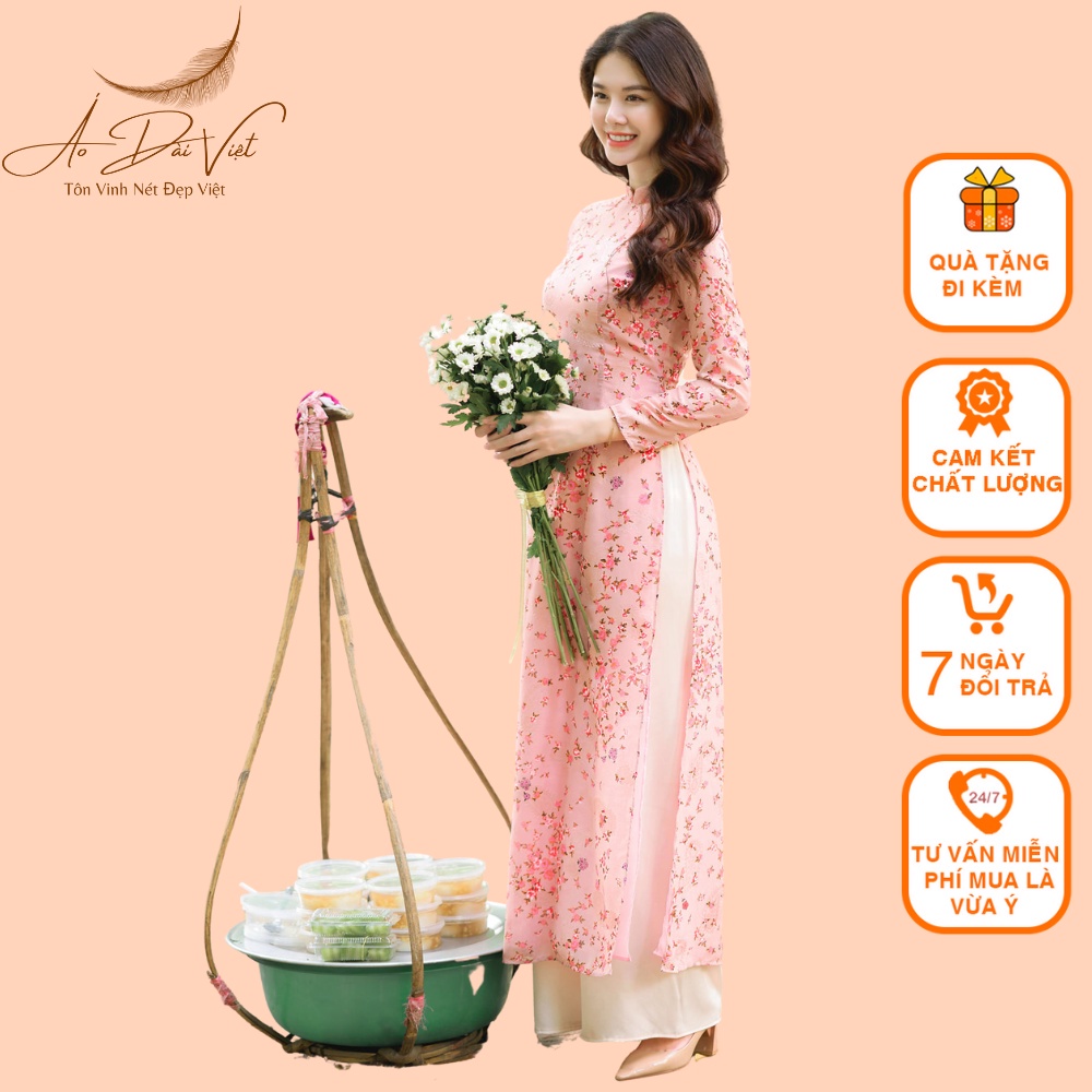 Áo Dài Hoa nhí voon tơ may 4 tà màu hồng + xanh đá nhẹ nhàng