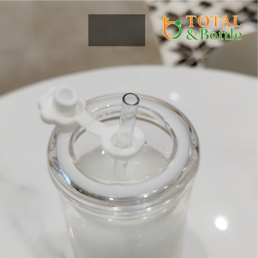 Bình thủy tinh dễ thương, bình uống trà sữa họa tiết hoạt hình vui nhộn có ống hút 450mL - Total Bottle