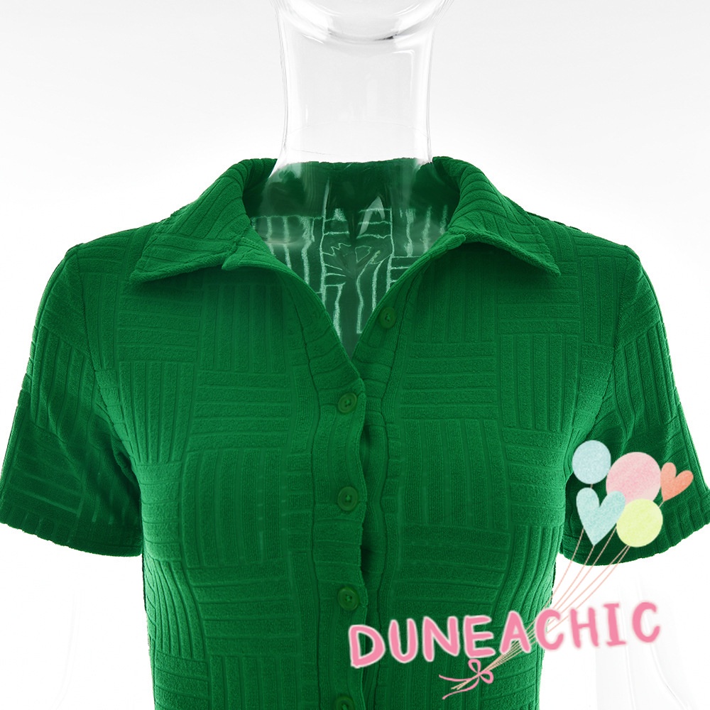 DUNEA Bộ Áo Liền Quần Cổ Polo Màu Trơn Phối Nút Xinh Xắn Cho Nữ