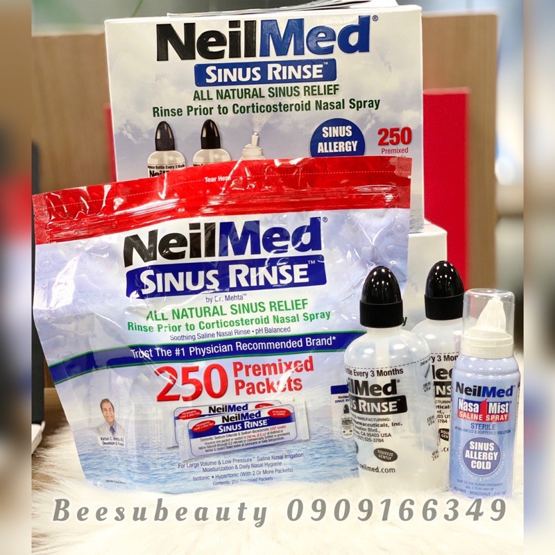 Set nước muối rửa mũi NeilMed Sinus Rinse - 1 xịt & 2 bình & 250 gói muối